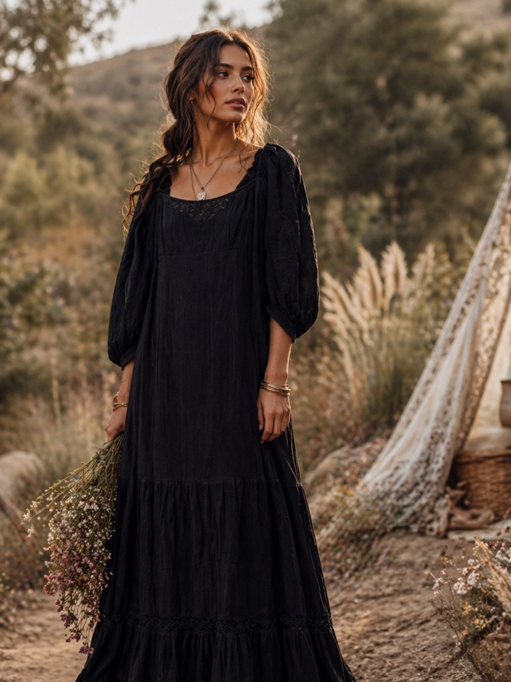 Free People All The Attitude Milkmaid Black Maxi Dress
